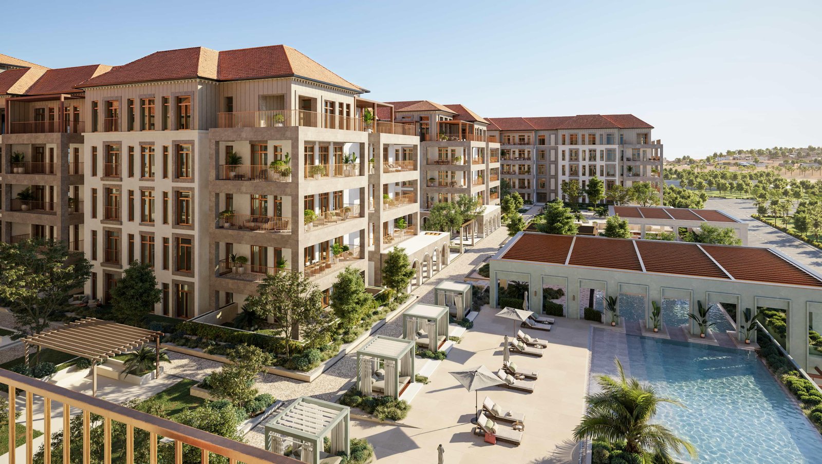 Exterior view of Nawayef Park Views on Hudayriyat Island Abu Dhabi showcasing Mediterranean architecture, lush park surroundings, and premium island living.
