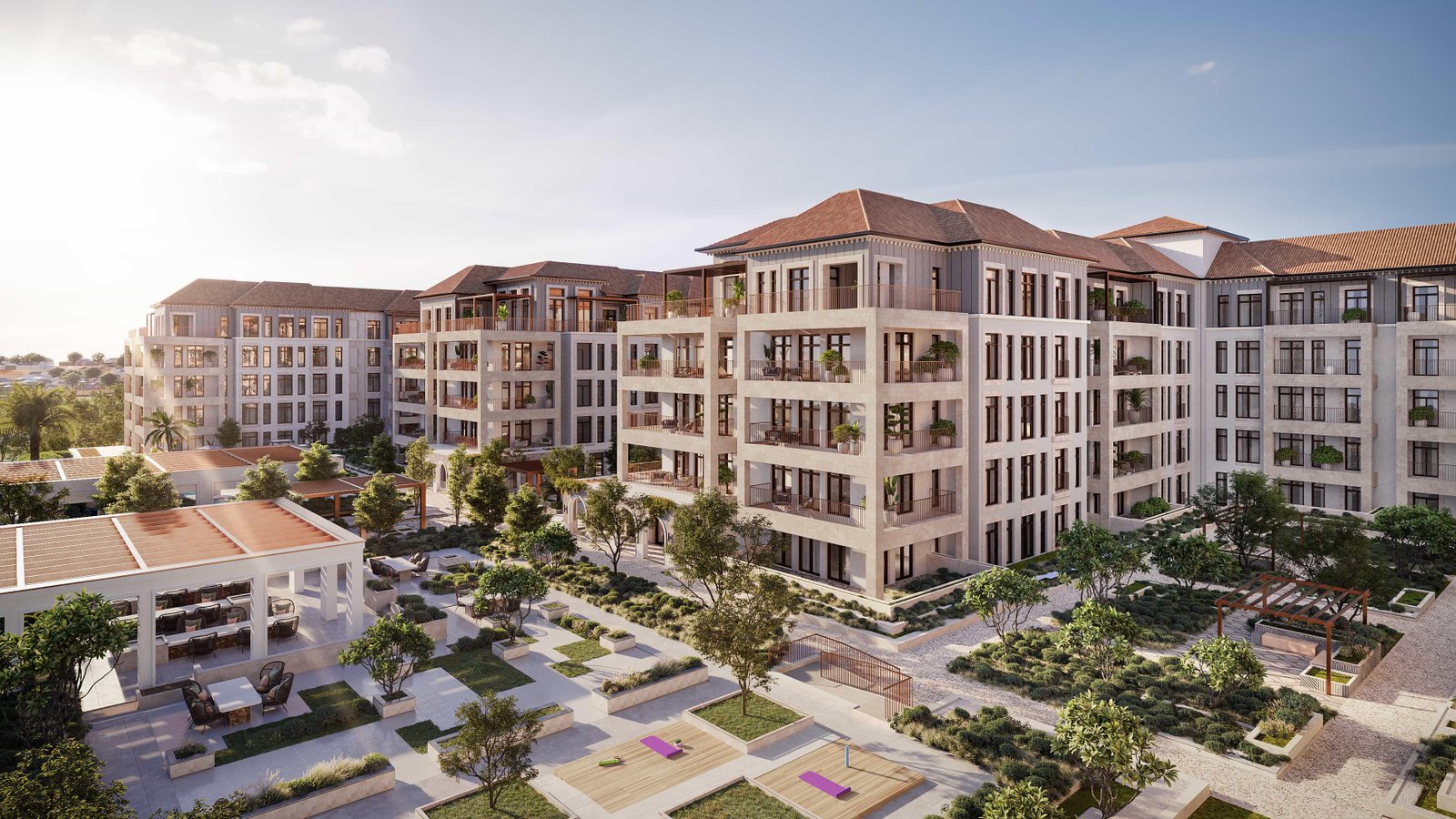 Aerial slider image of Nawayef Park Views Abu Dhabi showing parkfront location, landscaped pathways, and luxury island community atmosphere.